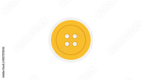 A bright yellow circular sewing button with four holes in the center isolated on a black background with a white outline