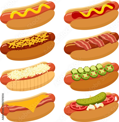 Create a kinds of deferent Hot dog with mustard and ketchup vector art with white background.