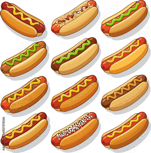 Create a kinds of deferent Hot dog with mustard and ketchup vector art with white background.