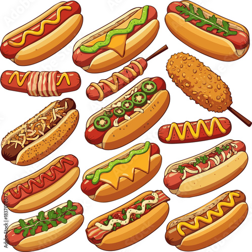 Create a kinds of deferent Hot dog with mustard and ketchup vector art with white background.