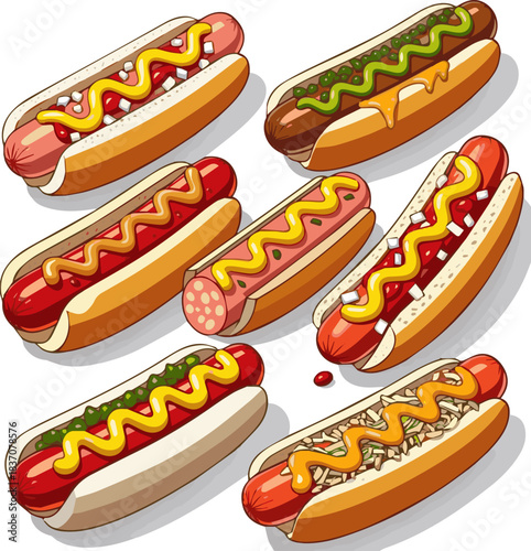 Create a kinds of deferent Hot dog with mustard and ketchup vector art with white background.