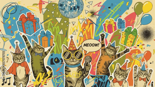 A group of cats celebrating a birthday party with hats and gifts.
