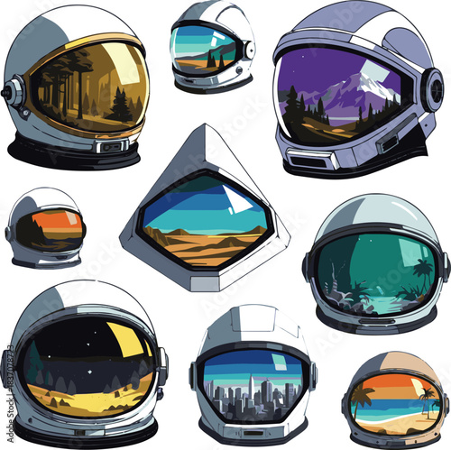 Create a kinds of deferent natural Astronaut helmet reflecting vector art with white background..