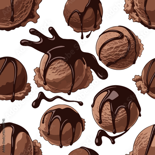 Create a kinds of deferent natural Chocolate ice cream scoop drizzled with dark chocolate sauce vector art with white background.