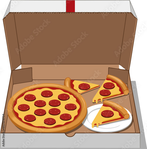 Create a kinds of deferent natural Delicious pepperoni pizza in a cardboard box vector art with white background.