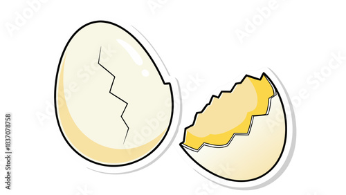 A Cracked Open Egg Showing a Yellow Yolk Against a Black Background with White Outline Illustrating a Broken Shell with Cracks Detailed Illustration