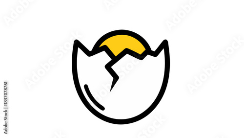 A cracked white eggshell reveals a bright yellow yolk inside against a solid black background symbolizing new beginnings or breaking out of a shell