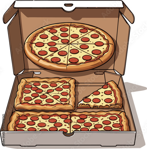 Create a kinds of deferent natural Delicious pepperoni pizza in a cardboard box vector art with white background.