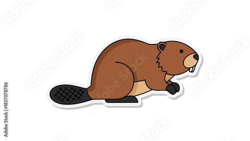 A Cute Brown Beaver With A Large Tail And Beaver Teeth Shown In Profile Against A Black Background With A White Border Sticker Effect