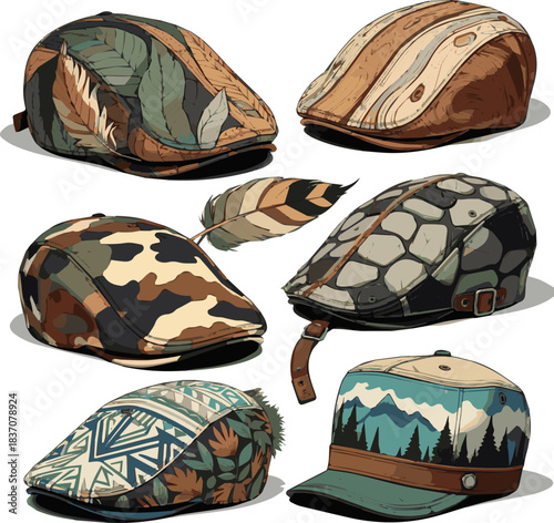 Create a kinds of deferent natural flat cap vector art with white background.