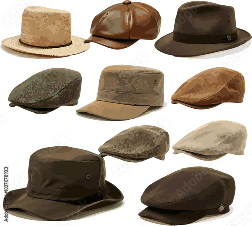 Create a kinds of deferent natural flat cap vector art with white background.