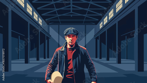 A working-class man in a flat cap standing in a dark, empty warehouse or factory hall. Vector illustration depicting blue-collar labor, industrial background, or historical setting.