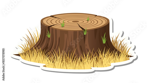 A Detailed Illustration Of A Rustic Tree Stump Surrounded By Golden Dry Grass With Small Green Sprouts Emerging From Cracks In The Wood Under Natural Lighting Ideal For Nature Themes
