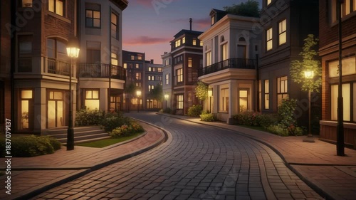 Charming cobblestone street lined with historic buildings at dusk.