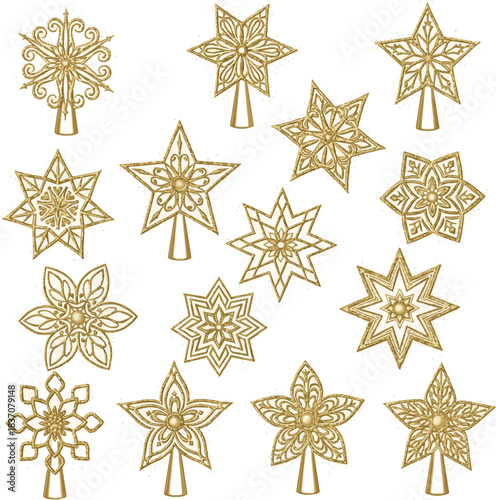 Create a kinds of deferent Ornate gold glitter christmas tree topper star vector art with white background..