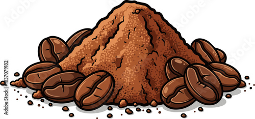 Create a kinds of deferent pile of coffee powder and beans vector art with white background..