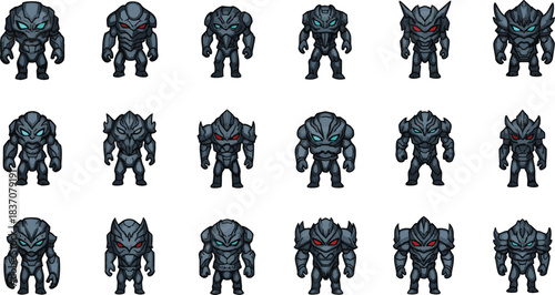 Set of monstrous alien characters or sci-fi robots vector illustration. Fantasy game sprites collection for action, combat, and video game enemy assets