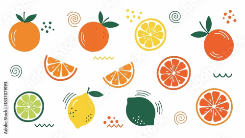 Colorful Citrus Fruits Collection with Orange Lemon Lime and Grapefruit Slices.