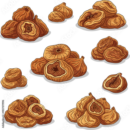 Create a kinds of deferent Pile of dried figs Vector art with a white background..