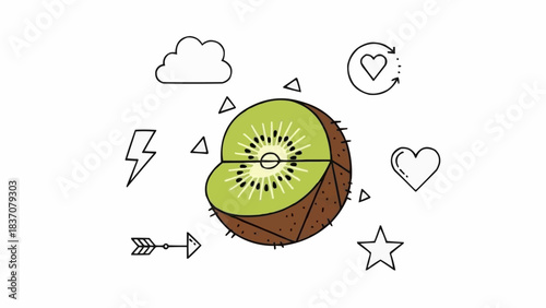 A stylized kiwi fruit illustration with geometric patterns and icons.