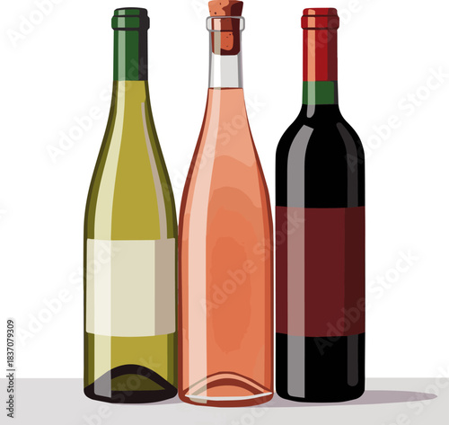 Create a kinds of deferent Three wine bottles - white, rose, and red vector art with white background.