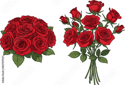 Create a kinds of deferent Two red rose bunches vector art with white background..