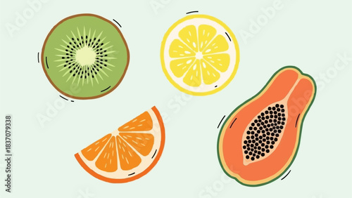 Colorful fruit slices including kiwi lemon orange and papaya arranged together.