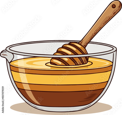 Create a kinds of natural honey in a glass bowl with a wooden dipper, on a white background
