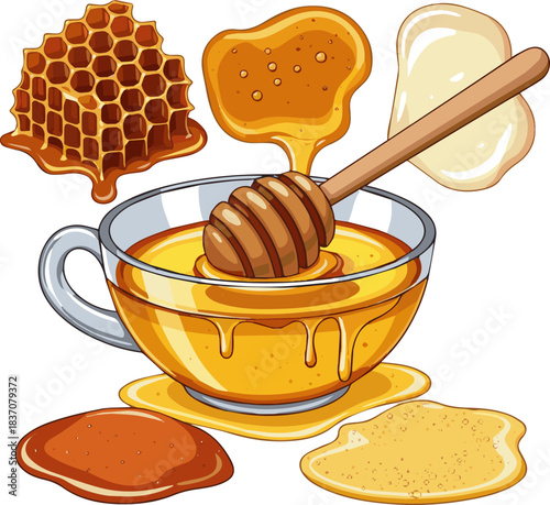 Create a kinds of natural honey in a glass bowl with a wooden dipper, on a white background