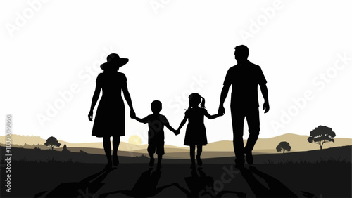 Silhouette of a happy family walking together holding hands.