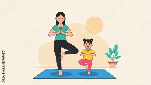 Happy mother and daughter doing yoga tree pose together.