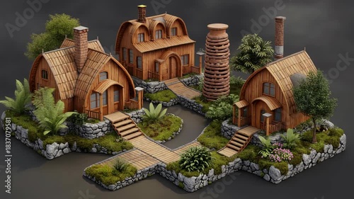Charming Village Scene with Cozy Cottages and Lush Greenery.