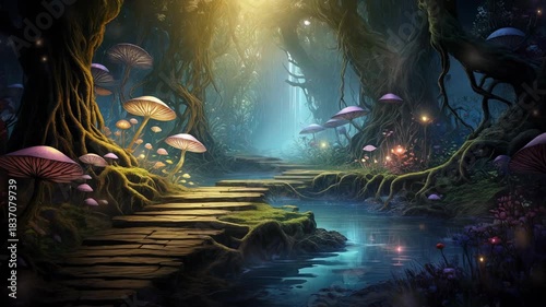 Enchanted Forest Pathway with Glowing Mushrooms and Mystical Lights.
