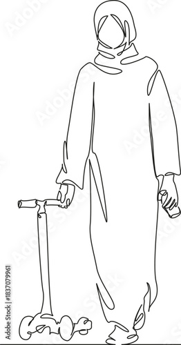 One continuous single drawing line art flat doodle children, woman, scooter, muslim, sport, mother, ride, character. Isolated image hand draw contour on a white background, hand drawn, not AI
