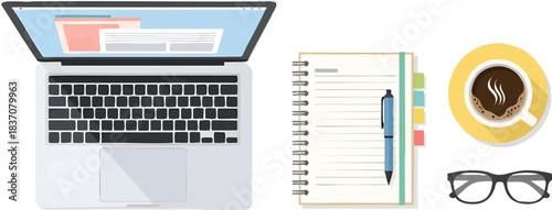 Office desk table top view flat lay vector illustration. Laptop, notebook, pen, coffee cup and glasses for remote work and digital nomad concept