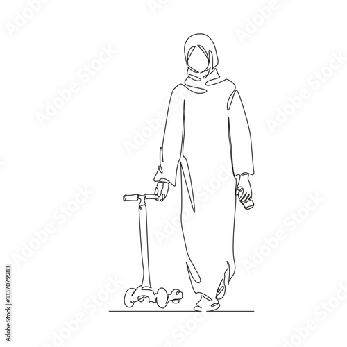 One continuous single drawing line art flat doodle children, woman, scooter, muslim, sport, mother, ride, character. Isolated image hand draw contour on a white background, hand drawn, not AI