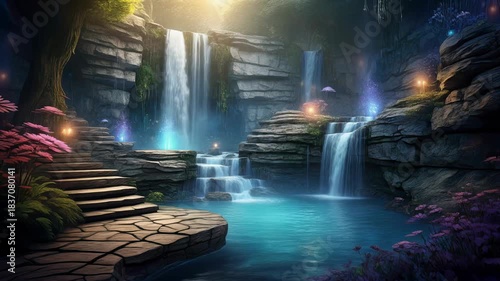 Enchanting Waterfall Oasis with Stone Steps and Mystical Lights.