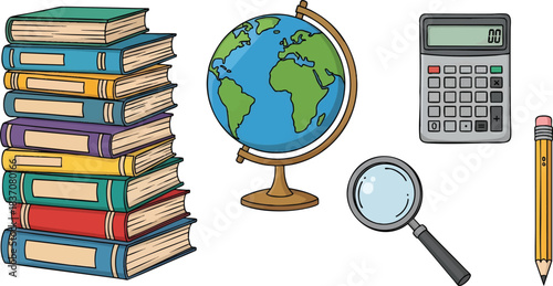 Set of education and school supplies illustration: Stack of books, globe, calculator, magnifying glass, and pencil isolated on white background