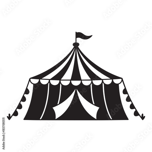 Grid of four black silhouette icons: Tent, Lantern, Campfire, and SuitcasePrint