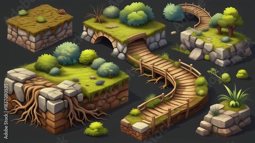 Isometric Game Assets - Fantasy Forest Terrain and Bridges.
