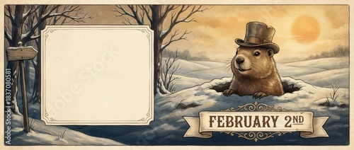 Groundhog Day illustration of a cute woodchuck in a top hat emerging from a burrow. Vintage winter landscape with February 2nd banner and empty frame. Copy space for text