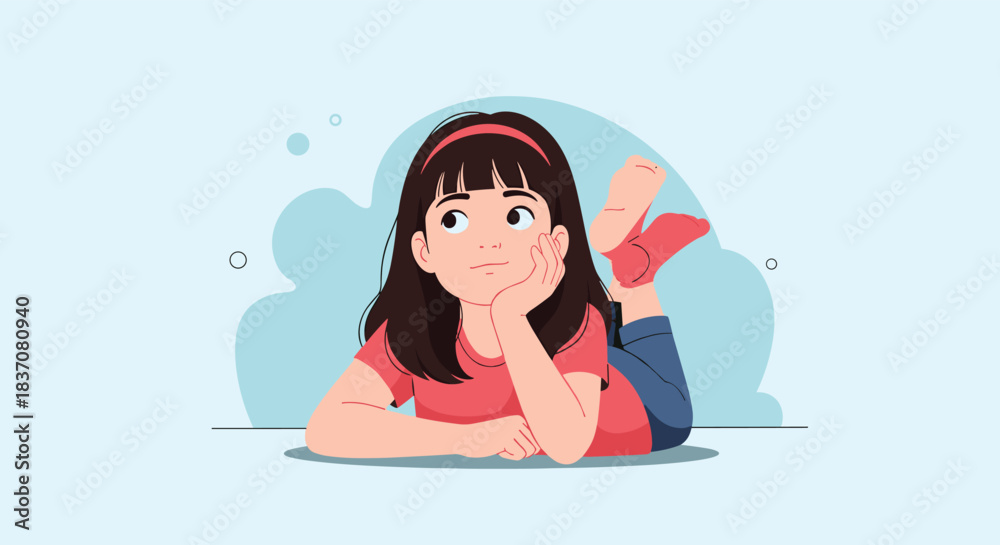 Naklejka premium A cute cartoon girl lying on the floor with her chin in her hand looking up and dreaming or thinking about something.