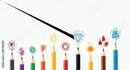 A creative concept illustration with a row of colored pencils drawing various doodles and a black pencil highlighting a diamond.