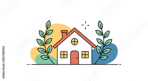 A minimalist line art illustration of a cozy house framed by green plants with abstract colorful shapes in the background.