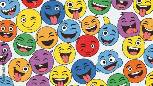 A vibrant collection of colorful cartoon emoji faces expressing various emotions and laughter.