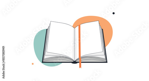 An illustration of an open book with blank pages and an orange bookmark set against a background of abstract colorful circles.