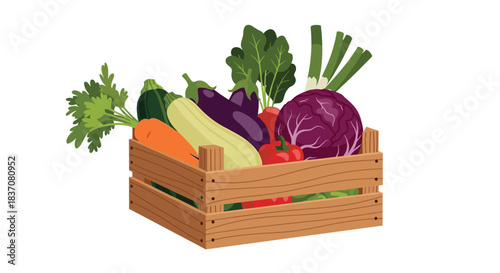A wooden crate overflowing with a variety of fresh and healthy organic vegetables from a farmers market or garden harvest.