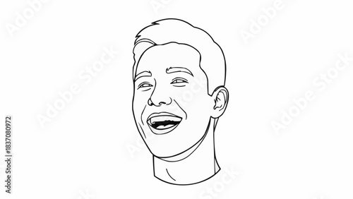 Black and white line art illustration of a young man laughing.