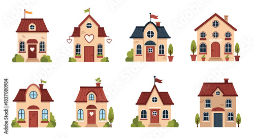 A lovely collection of eight cute and cozy cartoon houses in a charming fairytale style perfect for childrens book illustrations.