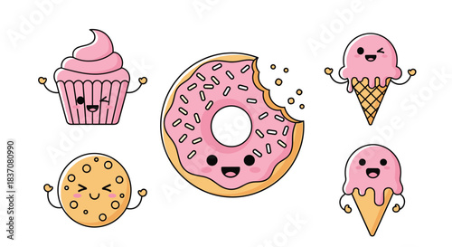 A sweet set of cute kawaii desserts with winking faces including a pink cupcake donut cookie and ice cream cones illustration.